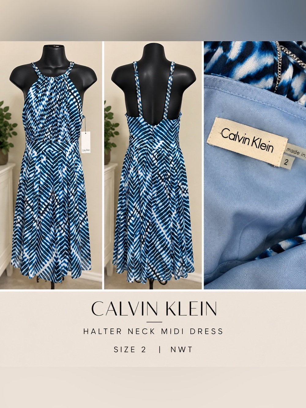 Calvin Klein Blue Patterned Halter Midi Dress